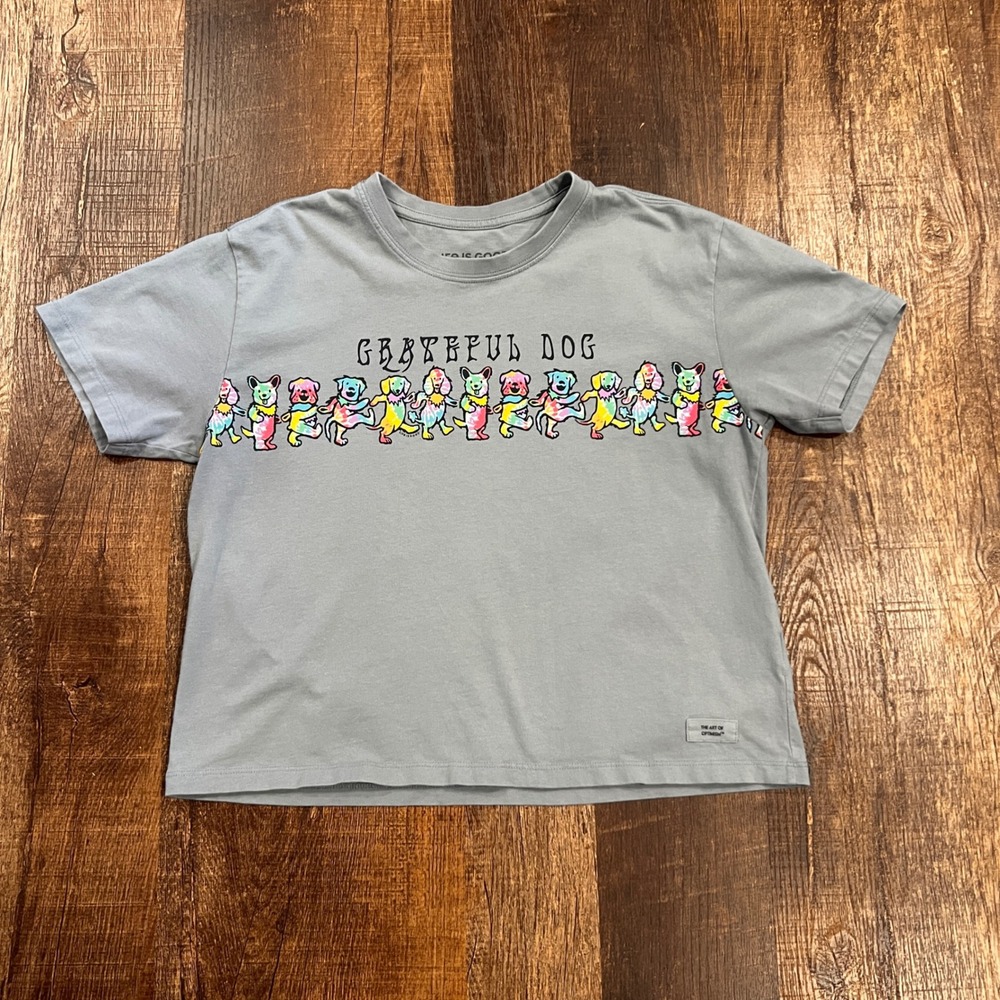 Life is Good Womens Crusher Tee Grateful Dog Blue Gray Graphic T-Shirt Size M